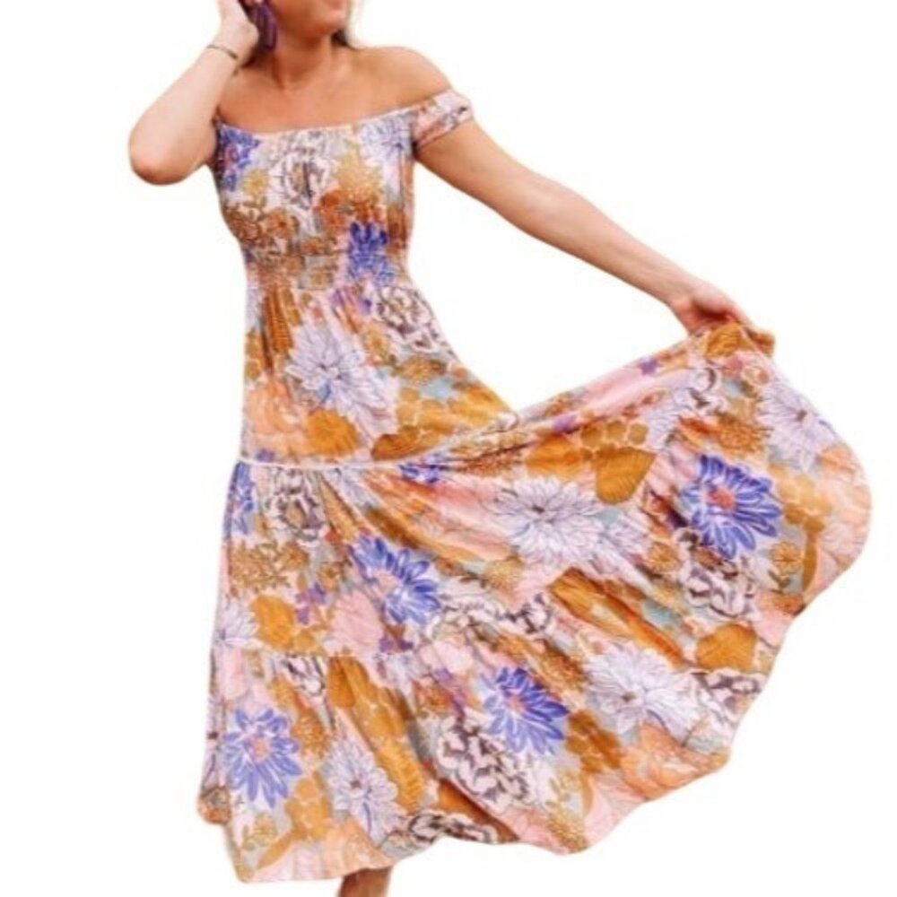 Anthro Abel The Label Pastel Romance Floral Tiered Peasant Maxi Dress Size M - Picture 1 of 11